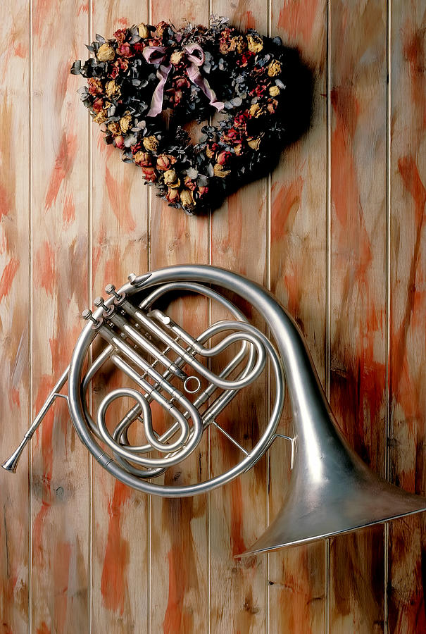 French horn hanging on wall Photograph by Garry Gay