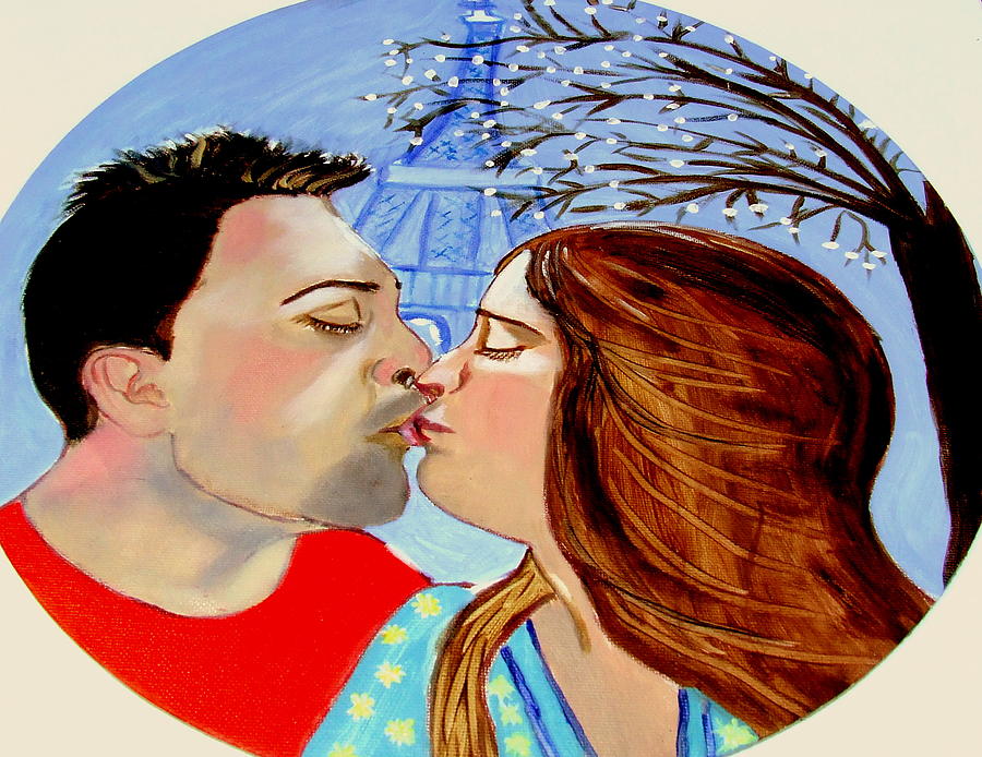 French Kissing at the Eiffel Tower Painting by Rusty Gladdish