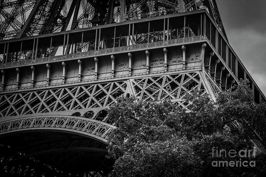 French Names Written on Eiffel Tower, Paris, Blk Wt Photograph by Liesl Walsh