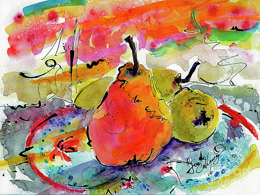 French Pears Watercolor and Ink Whimsical Art Painting by Ginette Callaway