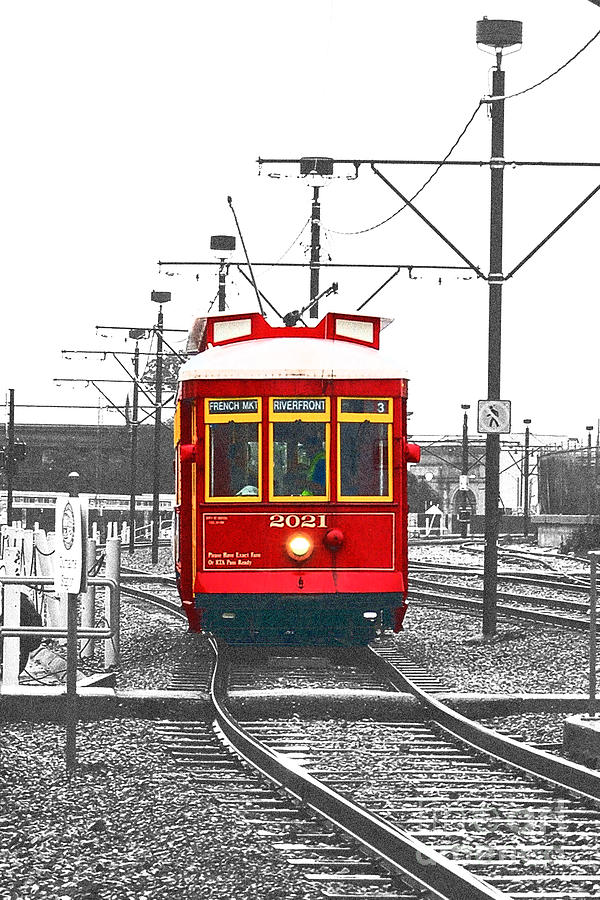 French Quarter French Market Cable Car New Orleans Color Splash Black and White with Film Grain Photograph by Shawn OBrien