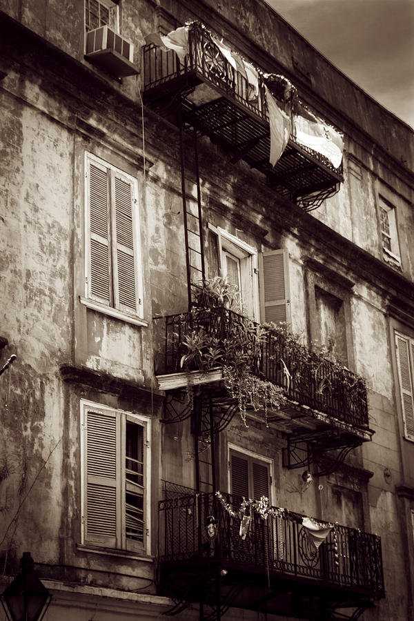 French Quarter Shutters And Balconies In Sepia Photograph by Greg and Chrystal Mimbs