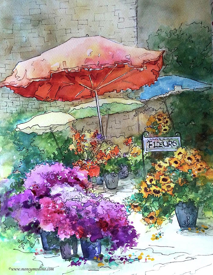 French Sunday Flower Market Painting by Nancy Medina