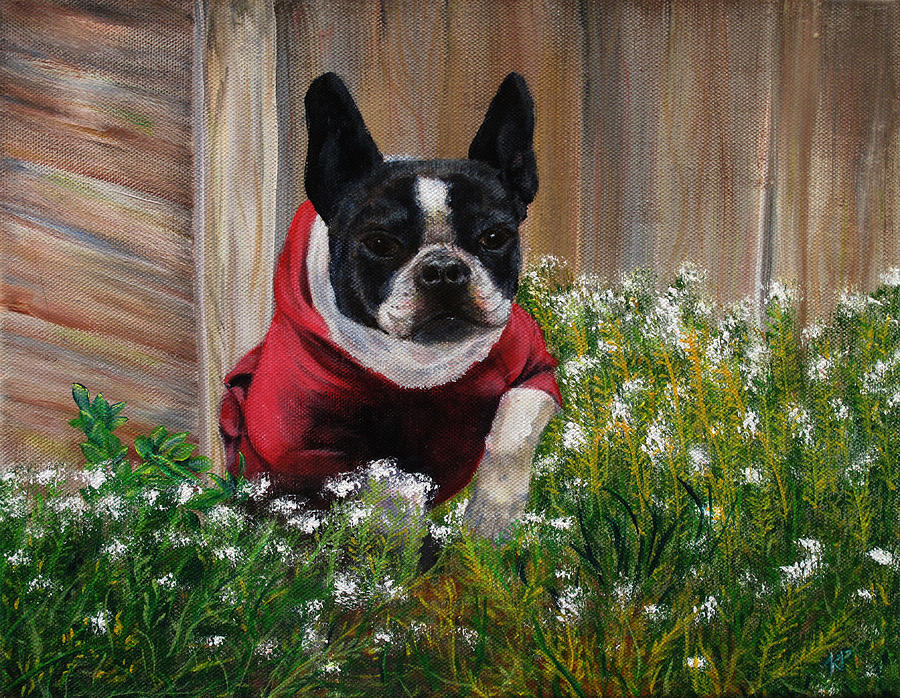 Frenchie in the Flowers Painting by Karen Peterson