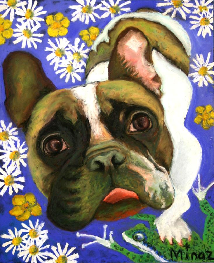 Frenchie Plays with Frogs Painting by Minaz Jantz