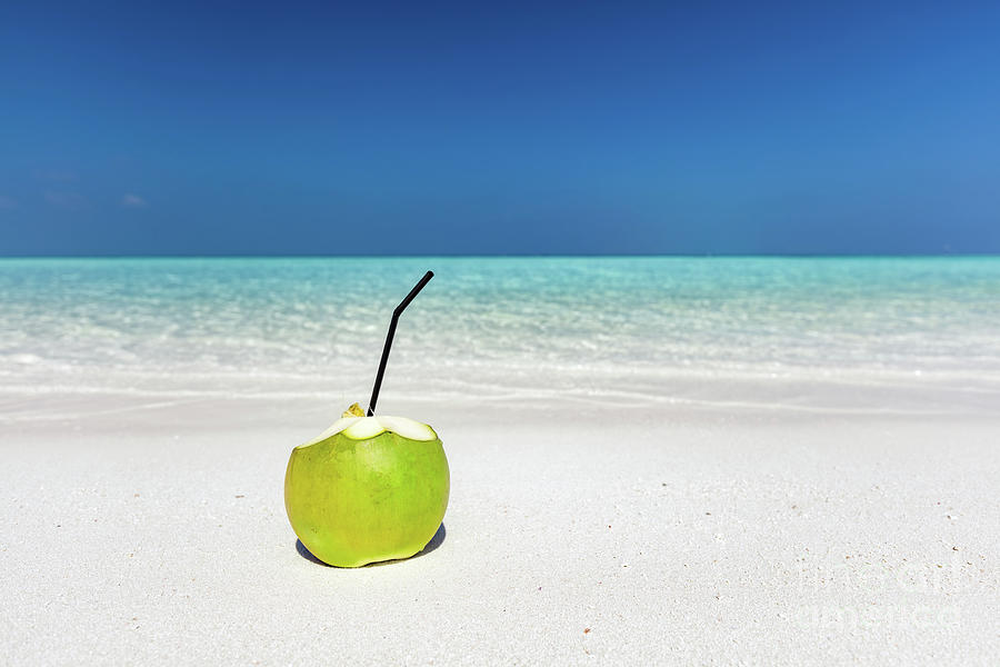 Fresh green coconut, ready to drink. Tropical beach in Maldives Photograph by Michal Bednarek