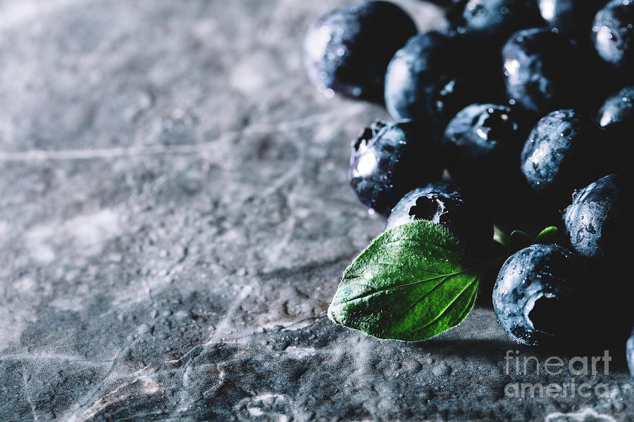 Nature Photograph - Fresh juicy blueberries and a green leaf by Michal Bednarek