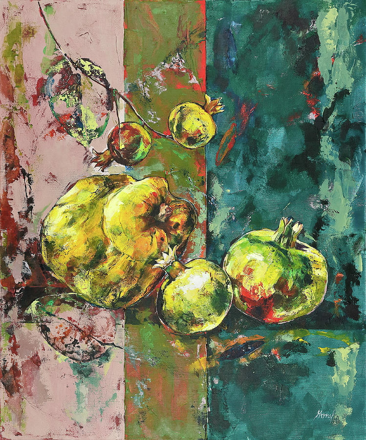 Abstract Painting - Fresh Quince and Pomegranate by Maria Arnaudova
