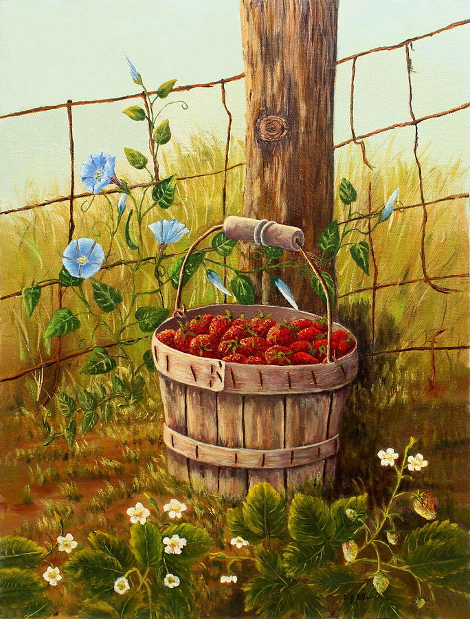 Fresh Strawberries and Morning Glories Painting by B J Blair