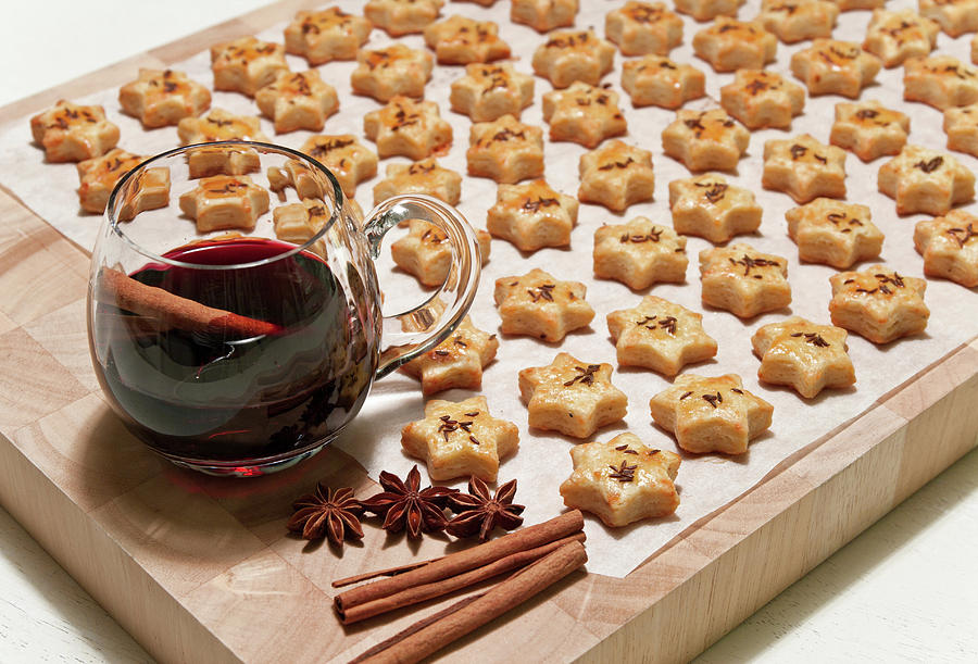 Wine Photograph - Freshly baked cheese cookies and hot wine by GoodMood Art