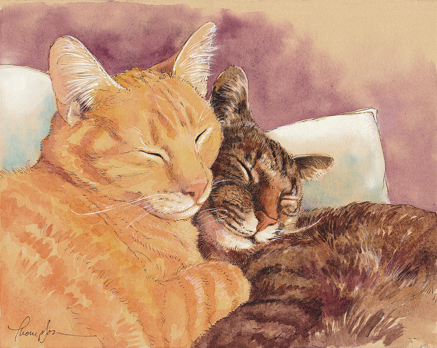 Cat Painting - Frick and Frack Take a Nap by Tracie Thompson