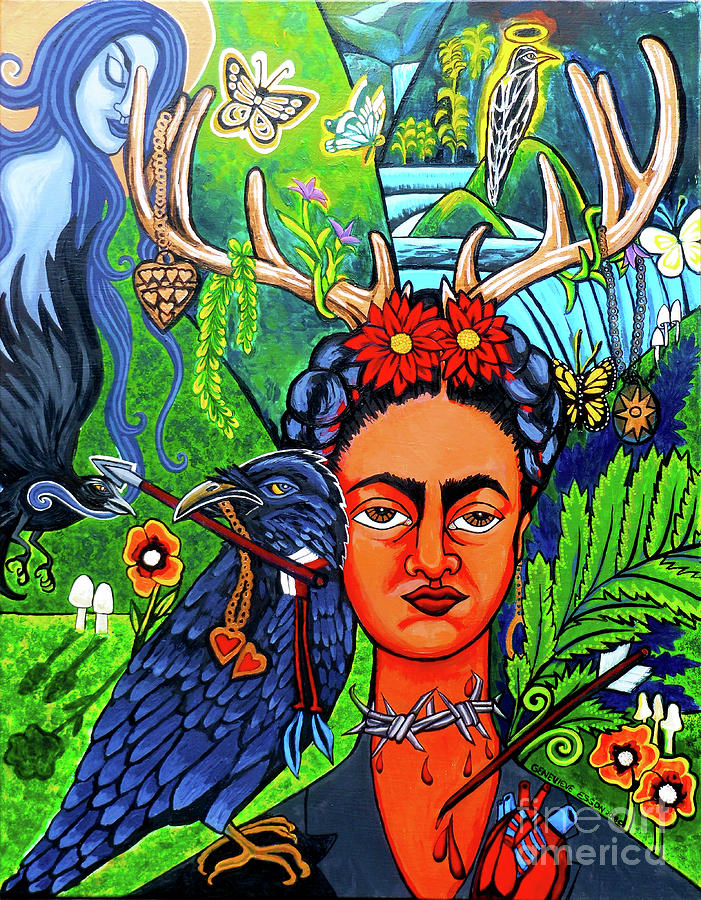 Frida Kahlo With Ravens Portrait Painting by Genevieve Esson