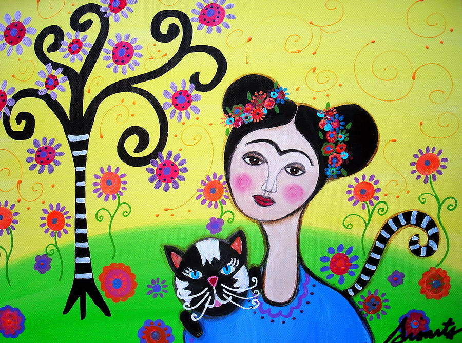 Flower Painting - Frida With Her Cat by Pristine Cartera Turkus