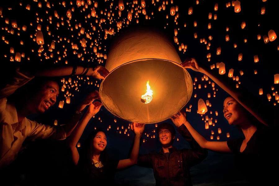 friend group enjoy yeepeng festival togather in Thailand Photograph by Anek Suwannaphoom