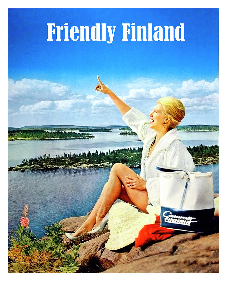 Friendly Finland, woman on the coast, travel poster Painting by Long Shot