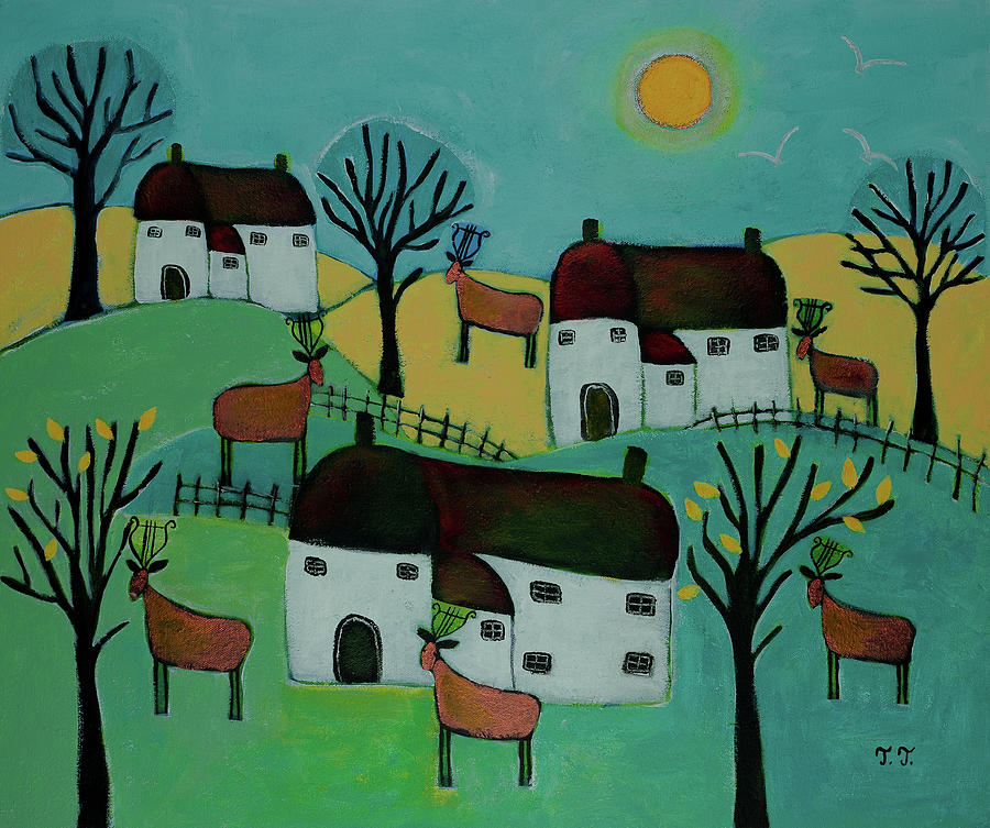 Deer Painting - Friendly Village by Teodora Totorean