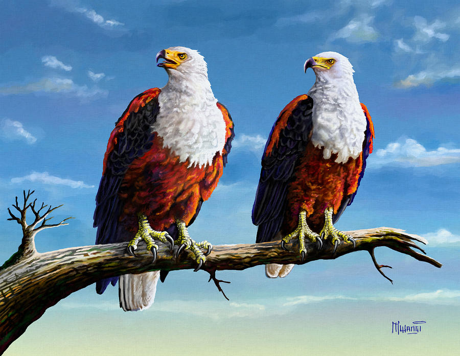 Eagle Painting - Friends Hanging out by Anthony Mwangi