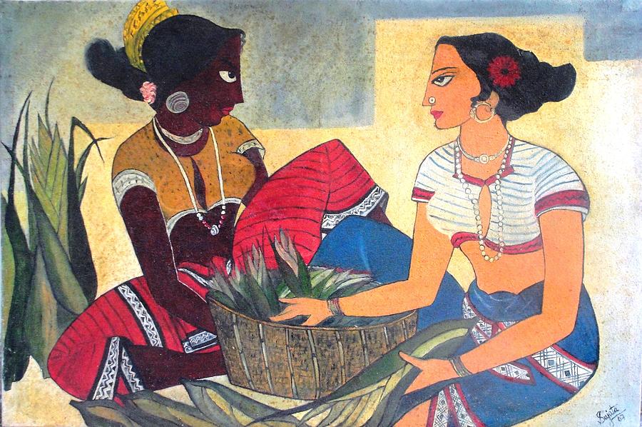 Basket Painting - Friends by Sujata Singh