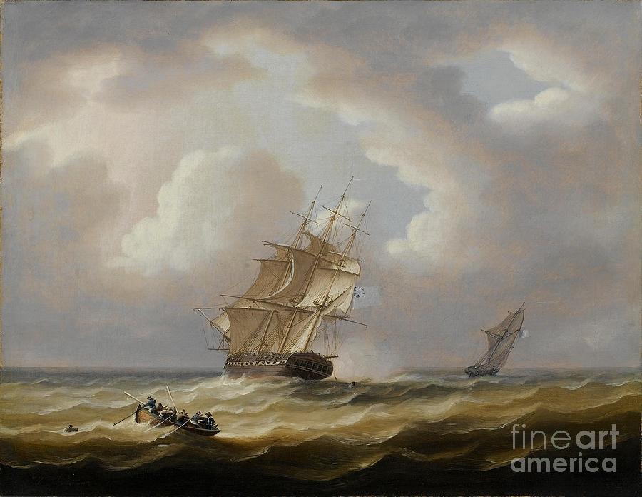 Frigate Hove To With Jollyboat Painting