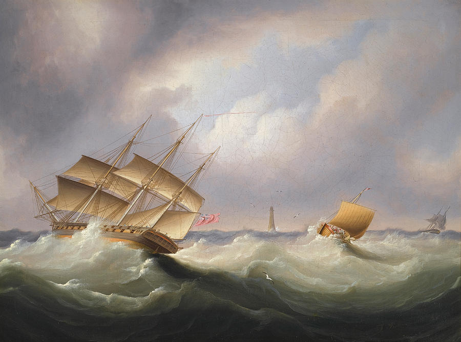 Frigate off a Lighthouse Painting by James Edward Buttersworth