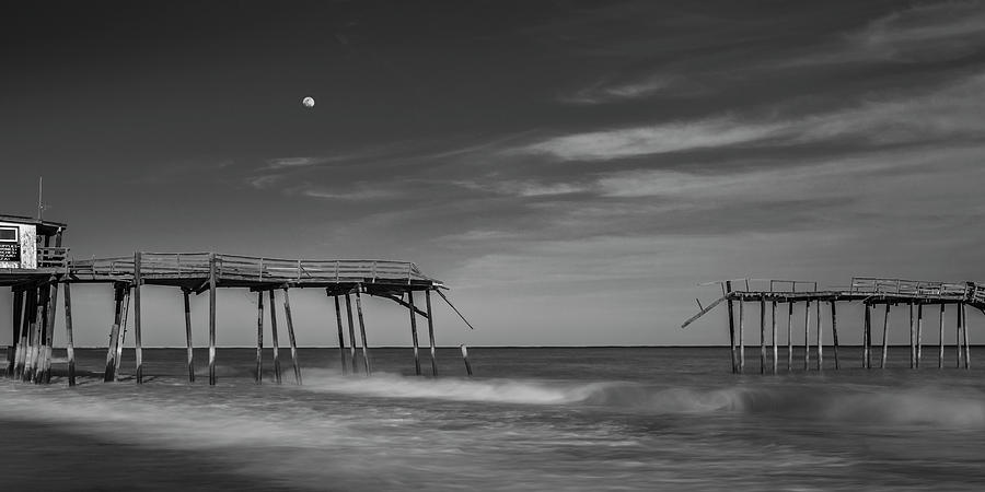 Frisco Fishing Pier and Moon in Black and White Panorama Photograph by Ranjay Mitra