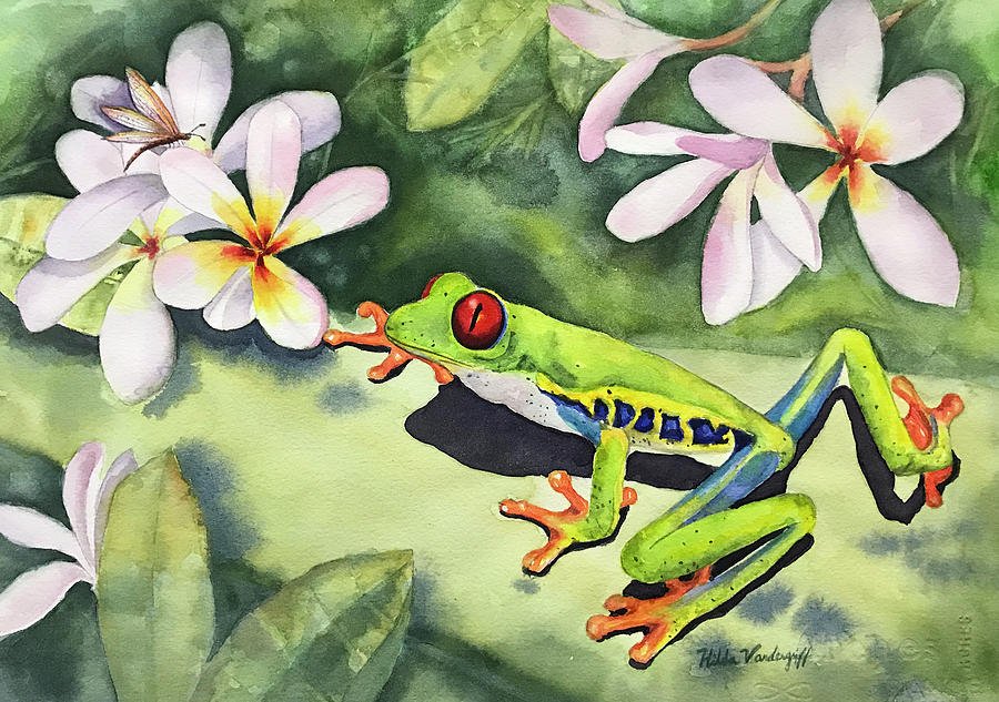 Frog and Plumerias Painting by Hilda Vandergriff
