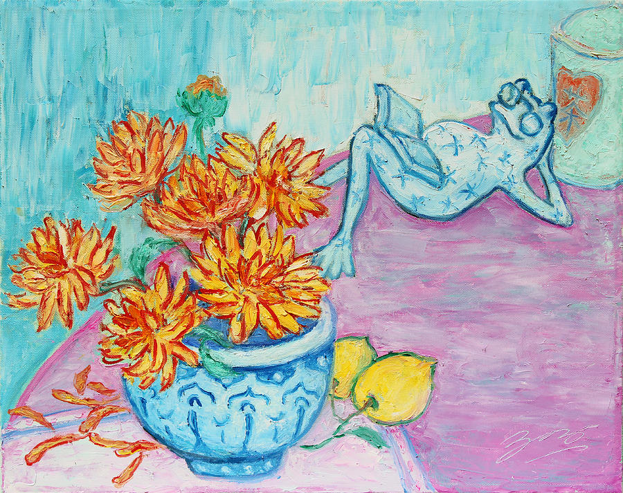 Frog Chrysanthemum Tea Painting by Xueling Zou
