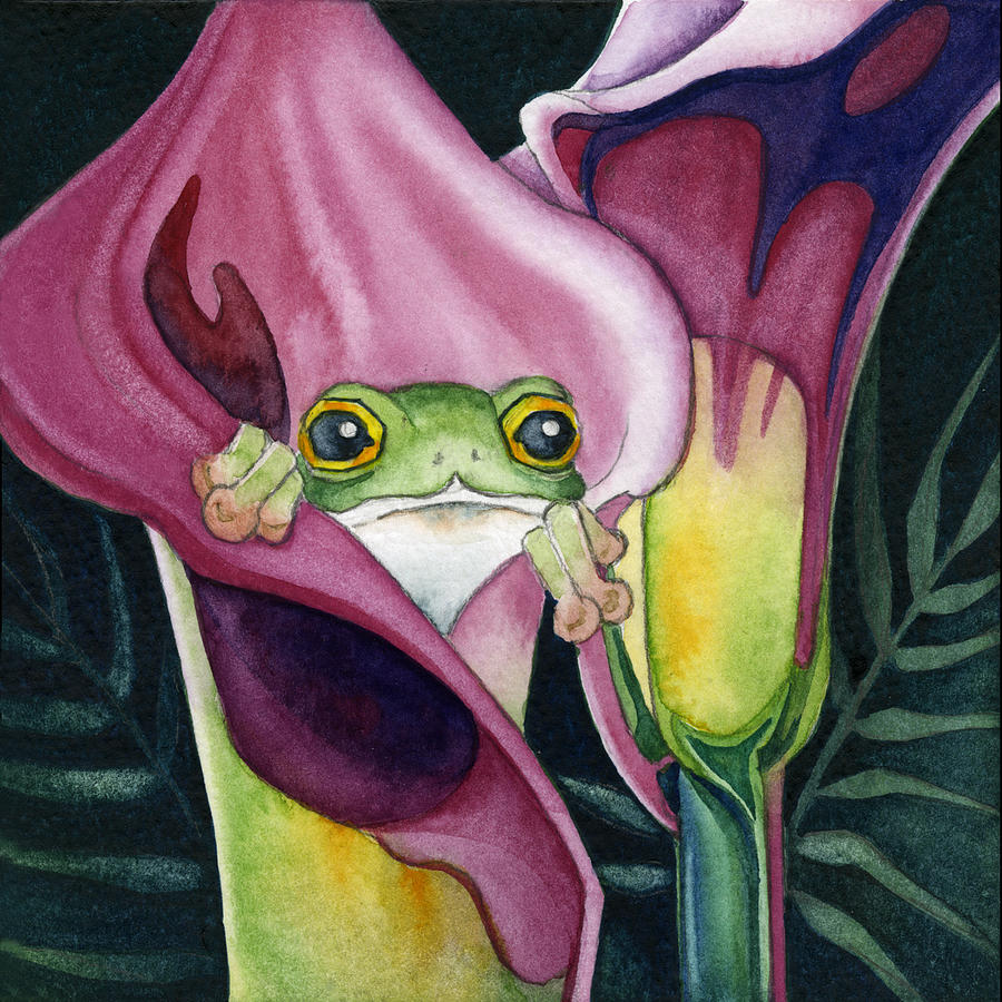 Frog in Pink Calla Lily Painting by Lyse Anthony