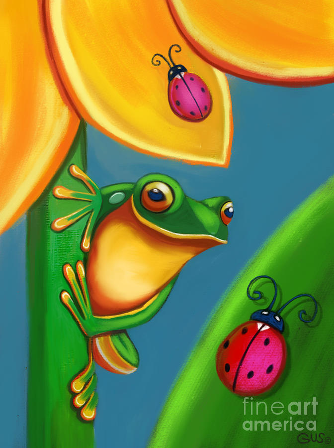 Frog Ladybugs and Flower Digital Art by Nick Gustafson