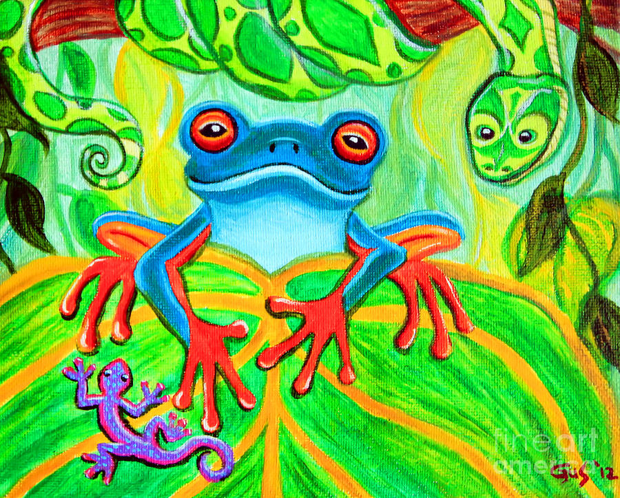 Frog Snake and Gecko in the Rainforest Painting by Nick Gustafson