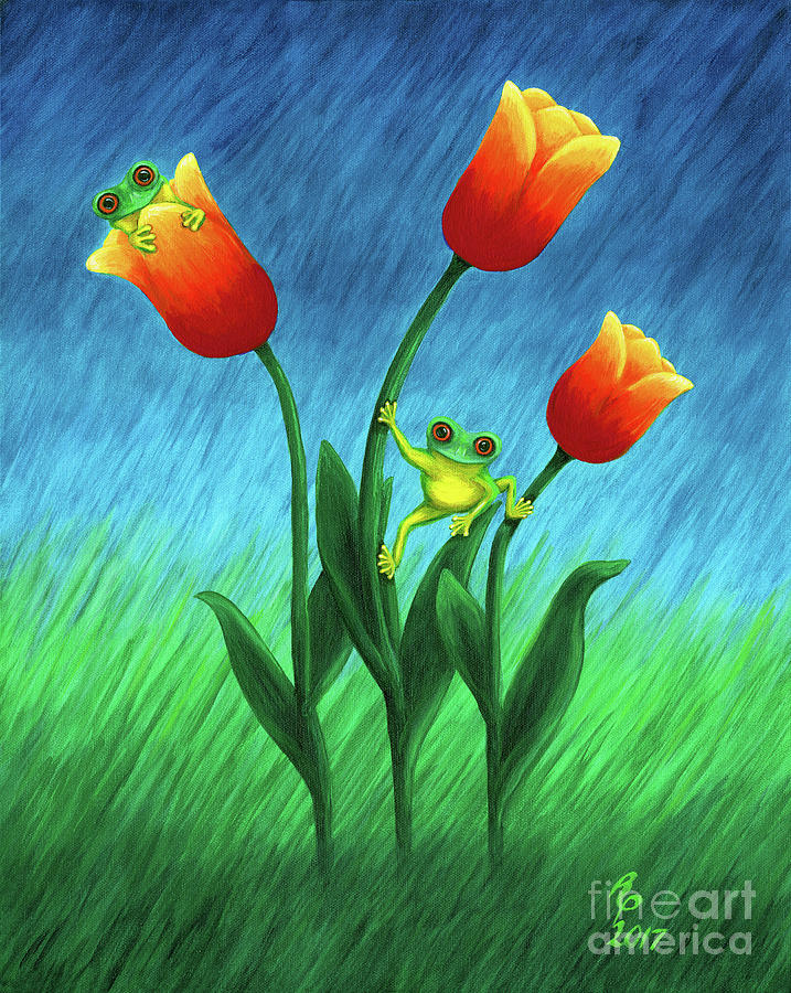 Froggy Tulips Painting by Rebecca Parker
