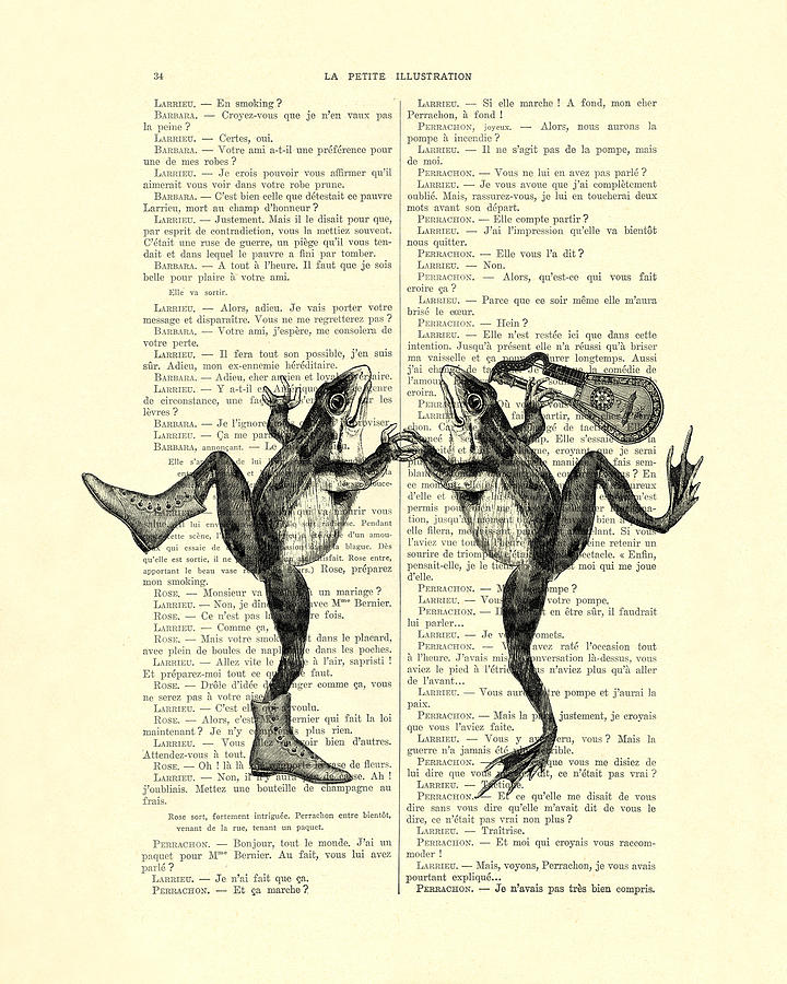 Wildlife Digital Art - Frogs with mandolin music print vintage animals illustration by Madame Memento