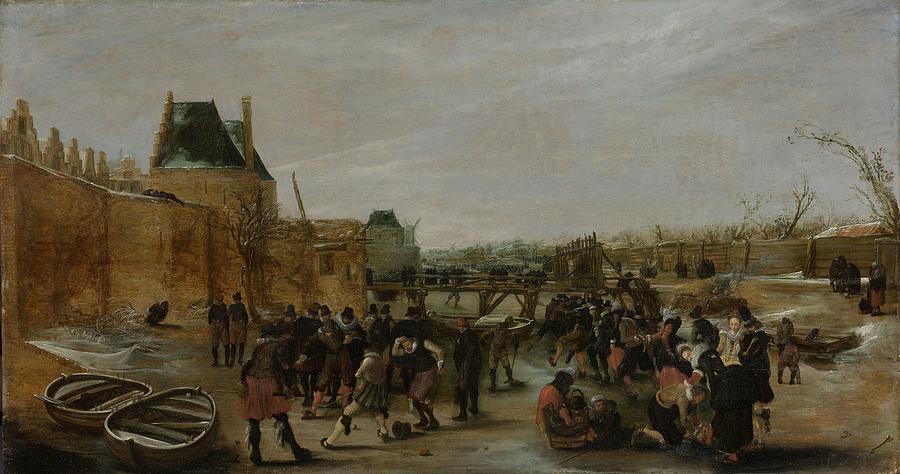 Winter Painting - Frolicking On A Frozen Canal In A Town by Hendrick Avercamp