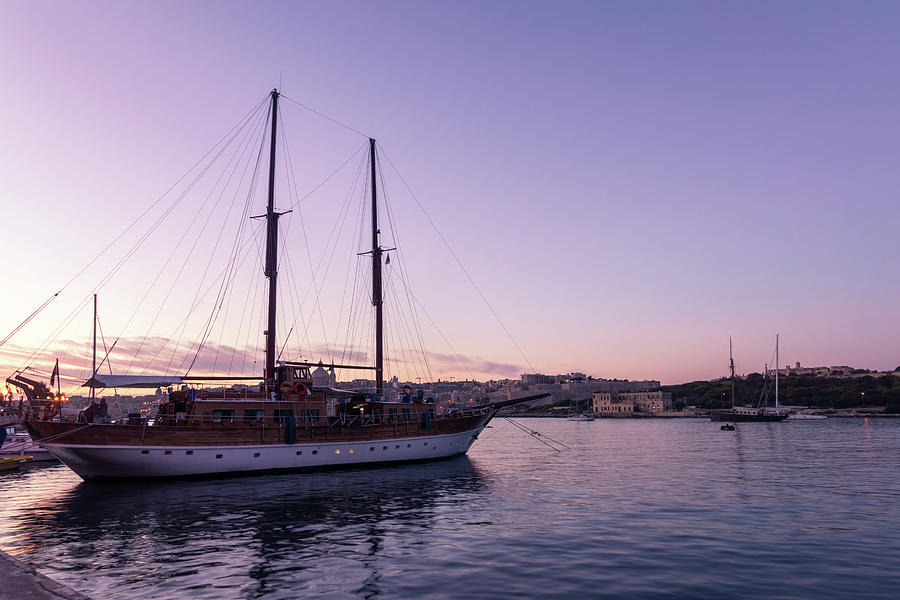 From Soft Amethyst to Ultra Violet - Maltese Tall Ship at Sunrise Photograph by Georgia Mizuleva