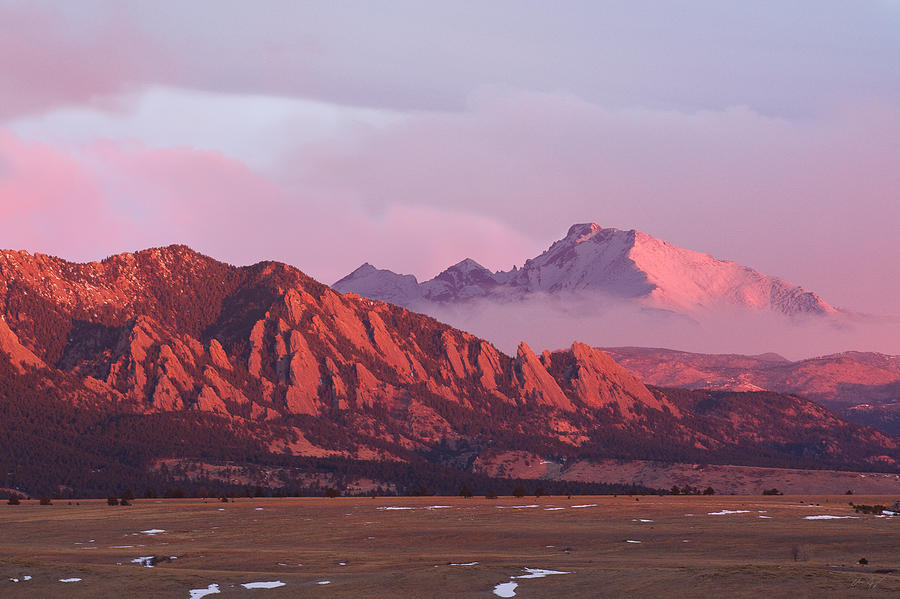 Front Range Sunrise - The Flatirons and Longs Peak Photograph by Aaron Spong