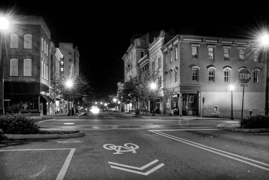 Front Street in Wilmington North Carolina in Black and White Photograph by Greg and Chrystal Mimbs