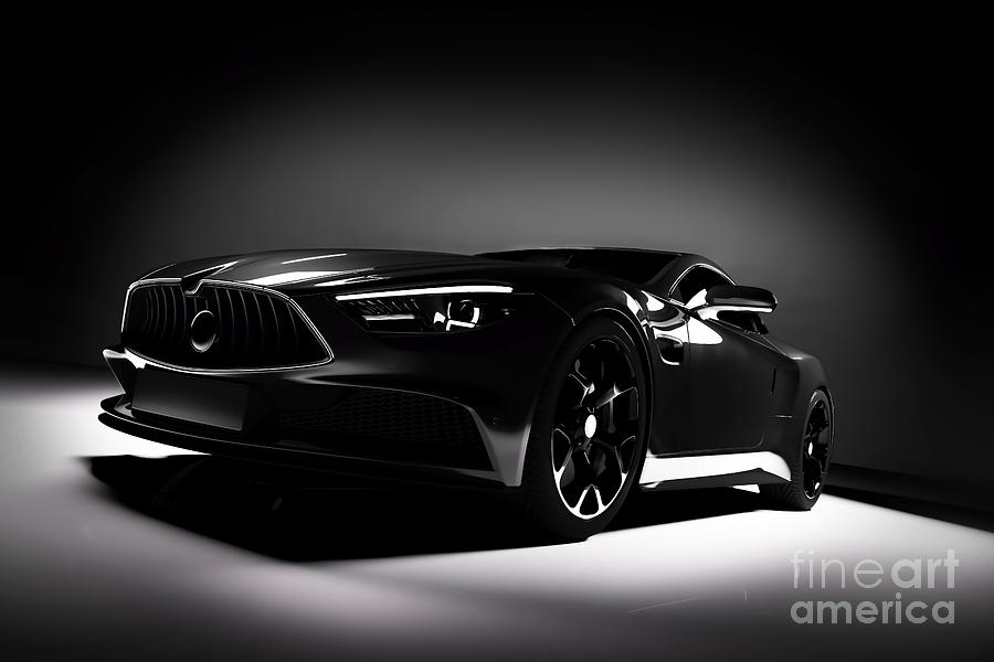 Front view of modern black sports car in a spotlight. Photograph by Michal Bednarek