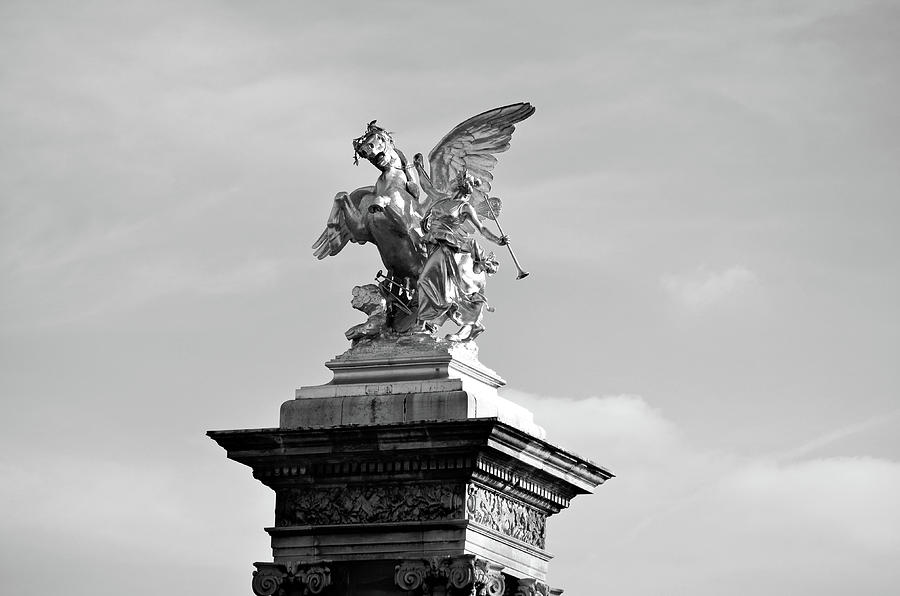 Front View of Pegasus and Fames Above Pont Alexandre III Bridge Column Paris France Black and White Photograph by Shawn OBrien