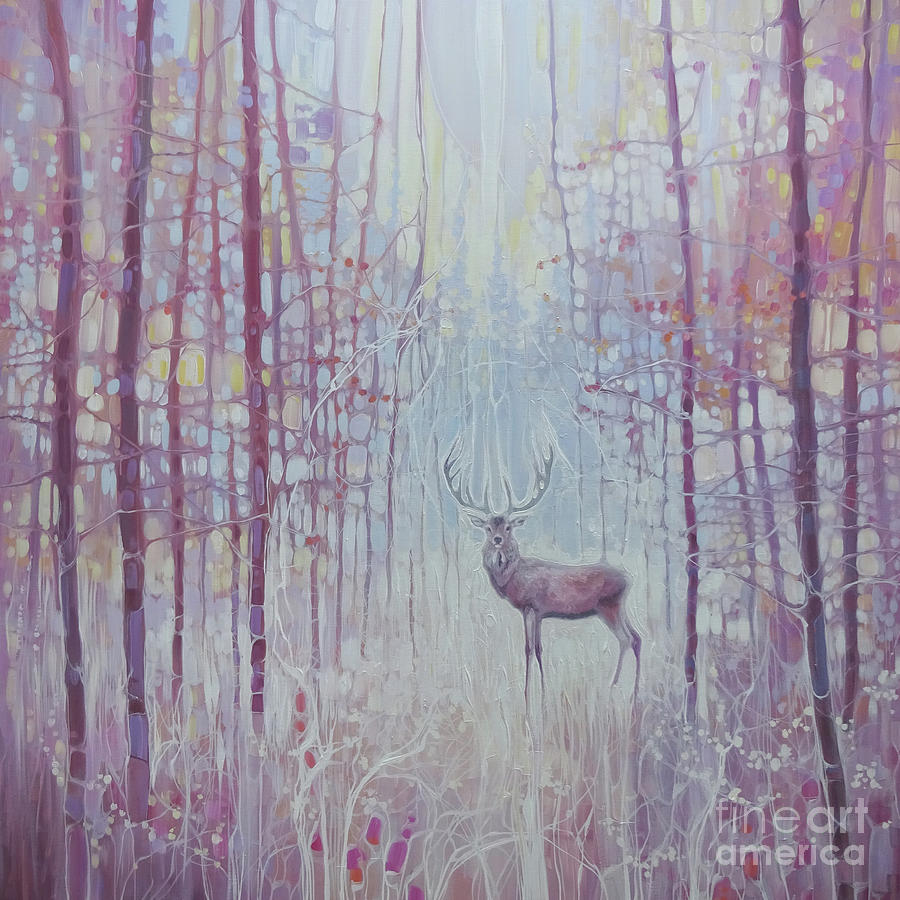 Pink And White Painting - Frost King - a red deer in a frosty forest - art nouveau style by Gill Bustamante