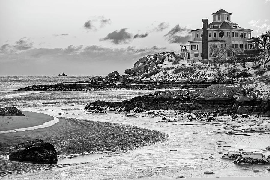 Frosty Morning on Good Harbor Beach Gloucester MA Mansion Black and White Photograph by Toby McGuire