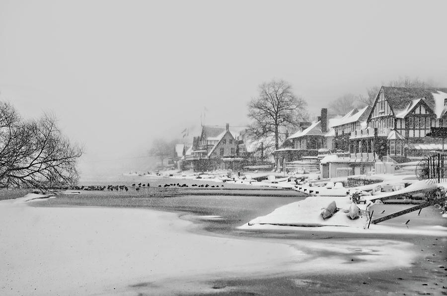 Frozen Boathouse Row in Philadelphia in Black and White Photograph by Bill Cannon