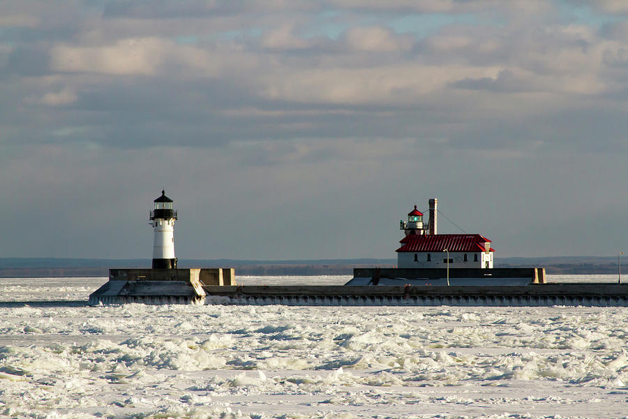 Frozen Lake Superior Shoreline With Lighthouses And Shipping Pie 