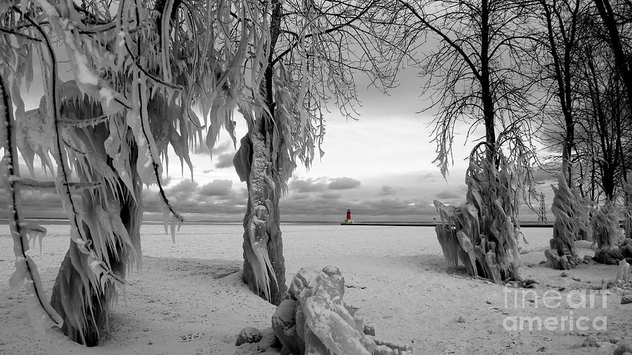 Frozen Landscape of the Menominee North Pier Lighthouse Photograph by Mark J Seefeldt
