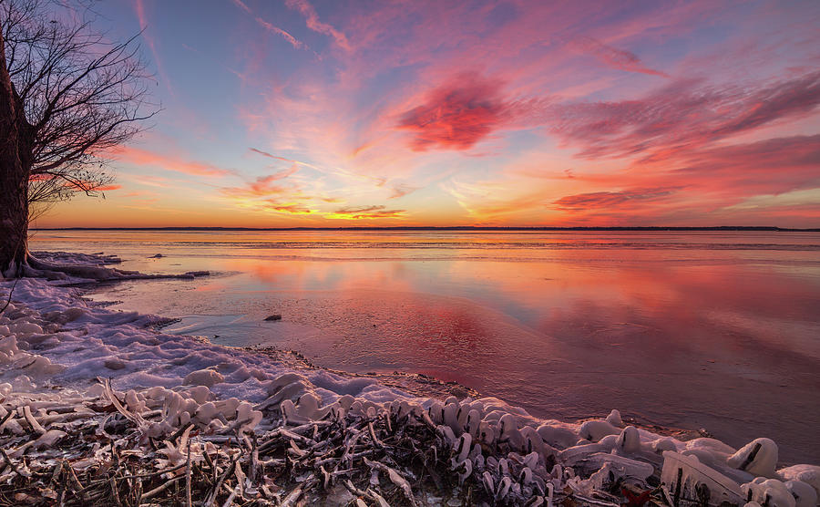 Frozen Sunset Over Rend Lake Photograph by Art of Frozen Time