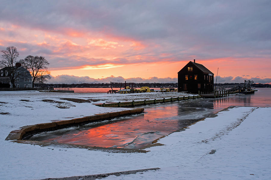 Frozen water on the Salem Waterfront Derby Wharf Salem MA Sunrise Photograph by Toby McGuire