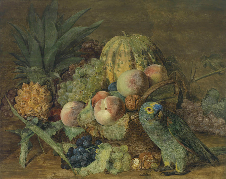 Fruchtestillleben mit einem Amazonenpapagei Painting by Ferdinand Georg Waldmuller