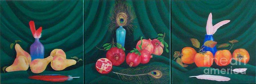 Fruit and Feather Tryptic Painting by Janet Summers-Tembeli Fruit and Feather Tryptic Painting by Janet Summers-Tembeli