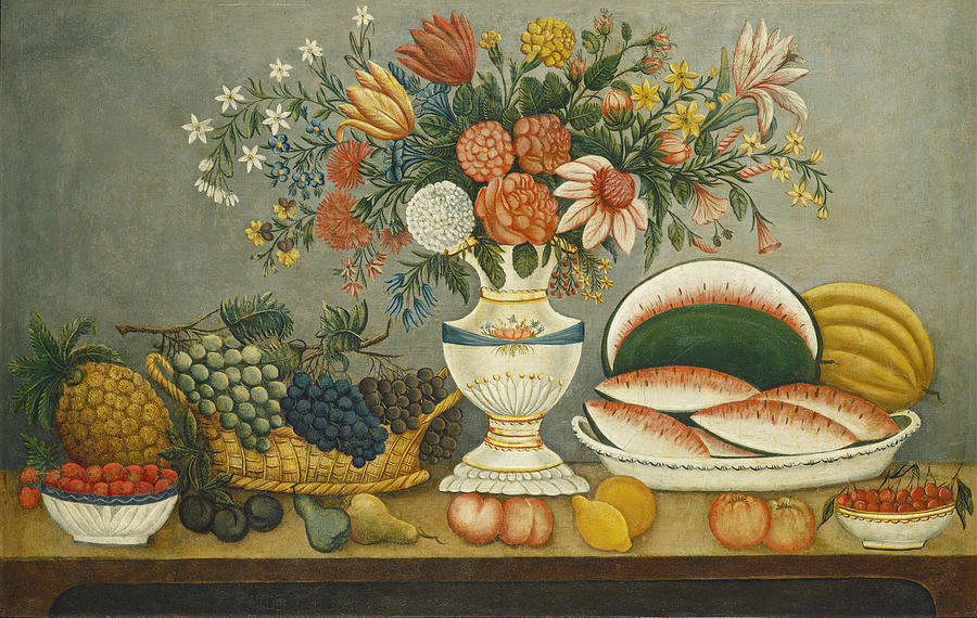 Fruit And Flowers Painting by American Mid 19th Century