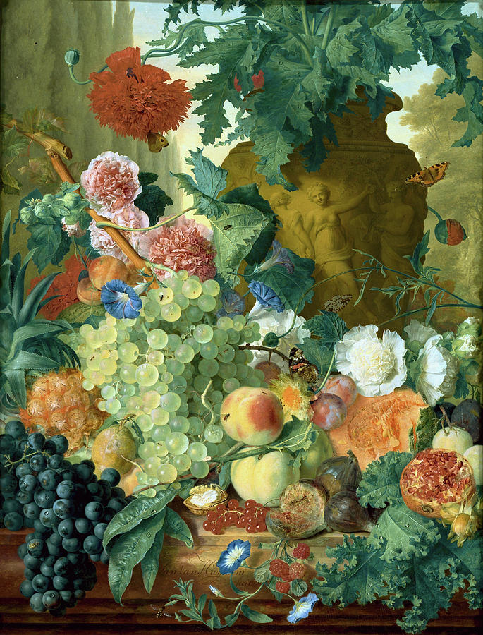 Fruit and Flowers in front of a Garden Vase with an Opium Poppy Painting by Celestial Images