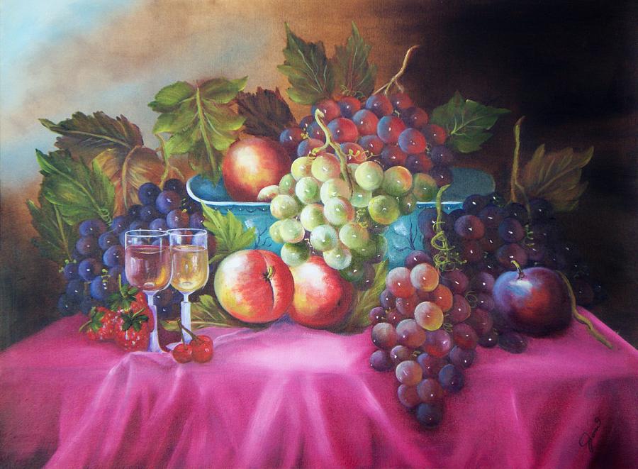 Fruit and wine on mauve cloth Painting by Joni McPherson
